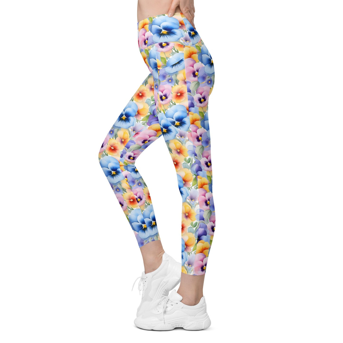 Watercolor Pansies Floral Printed Leggings with pockets