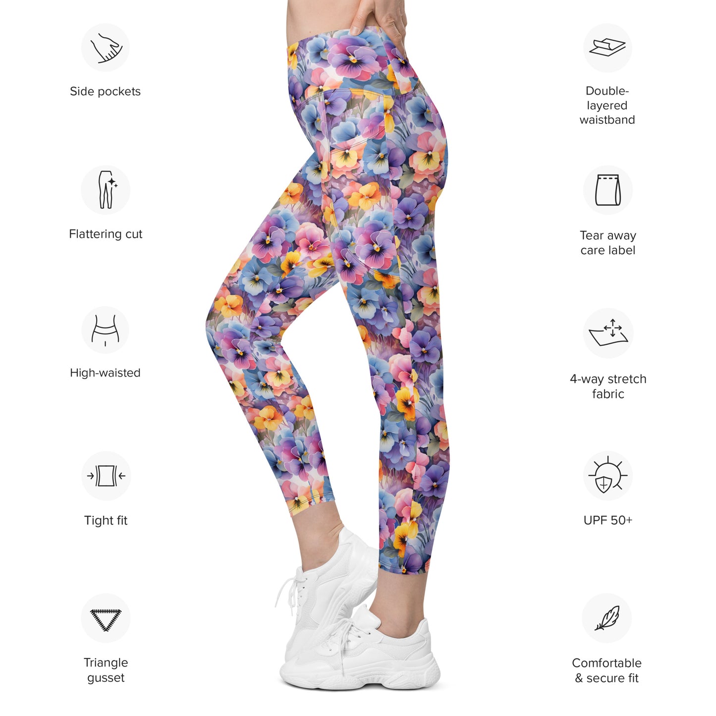 Colorful Pansies Floral Printed Leggings with pockets