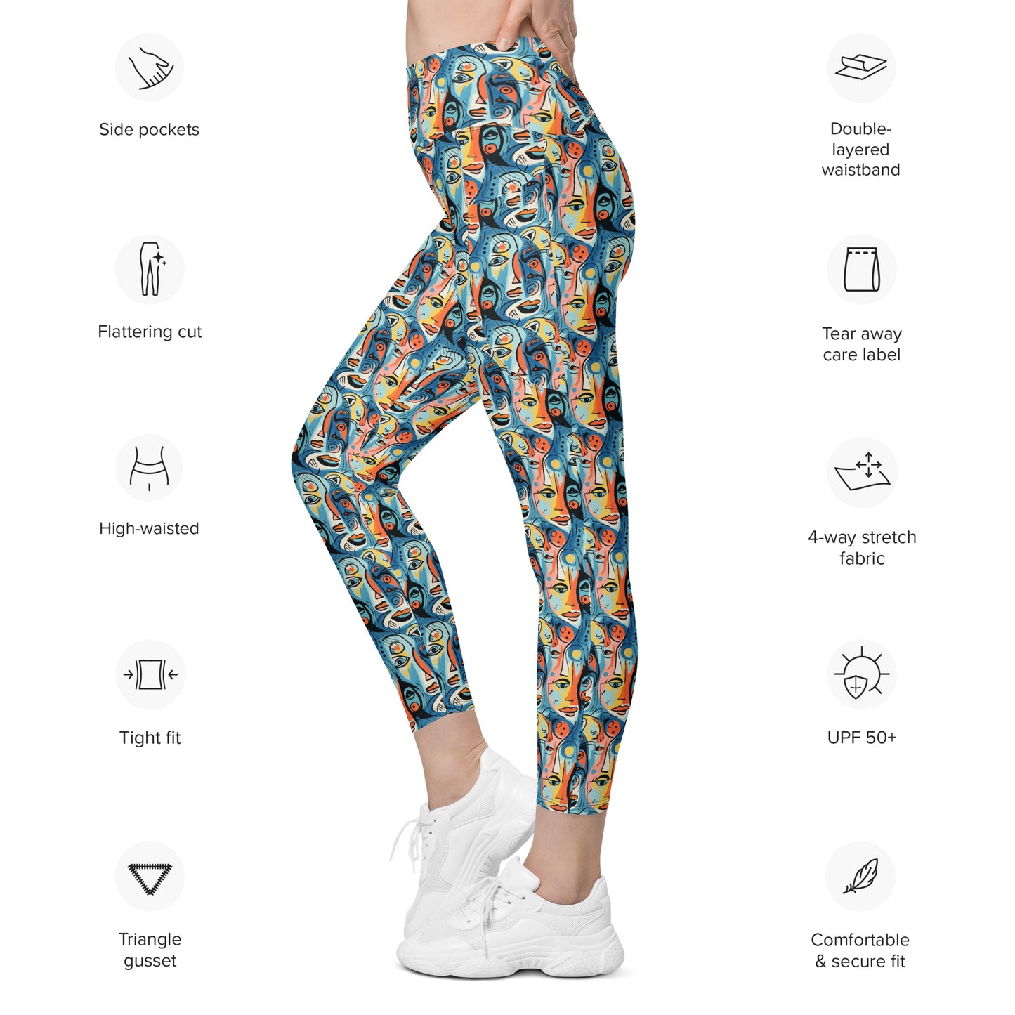 Blue & Yellow Faces Pop Art Printed Leggings with pockets