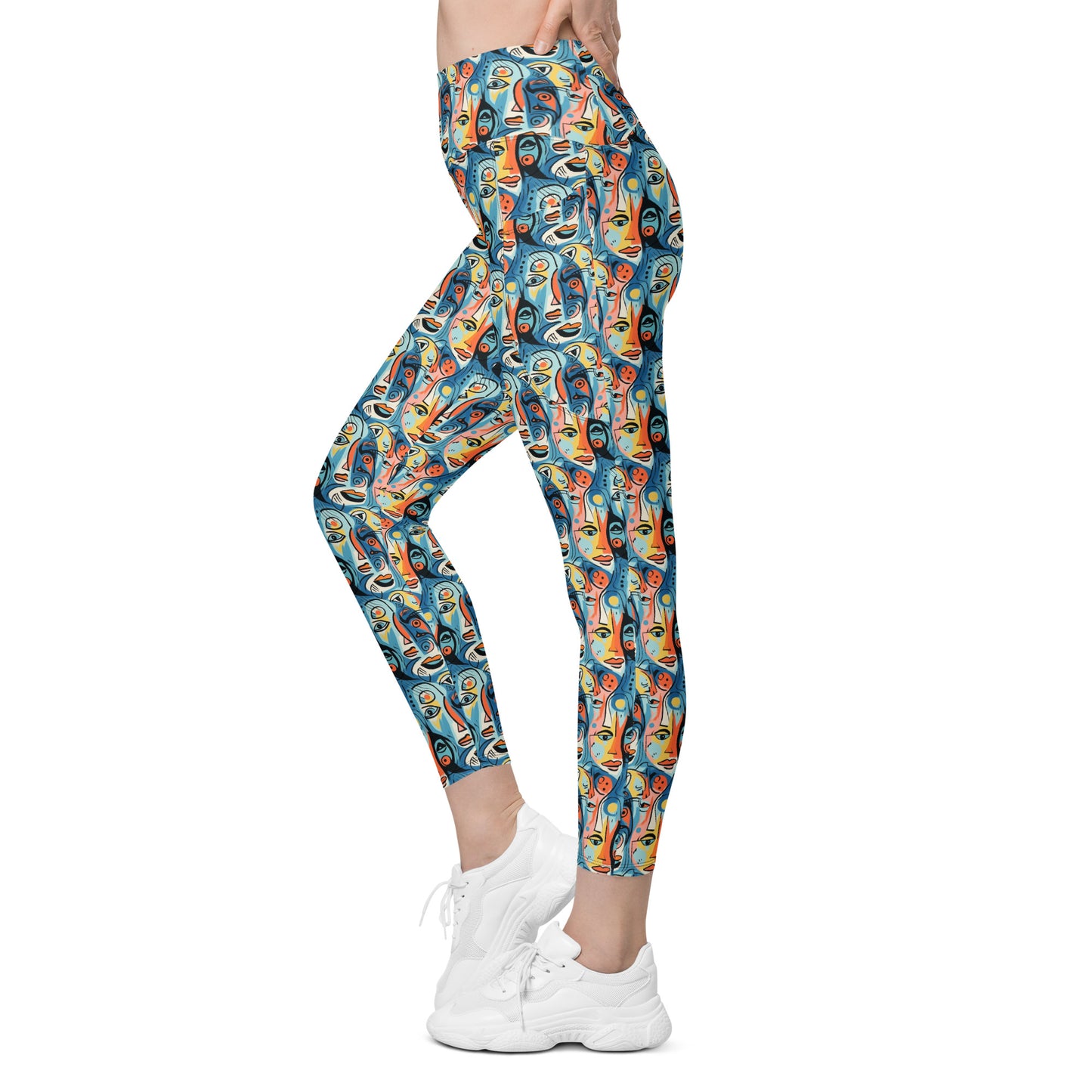 Blue & Yellow Faces Pop Art Printed Leggings with pockets