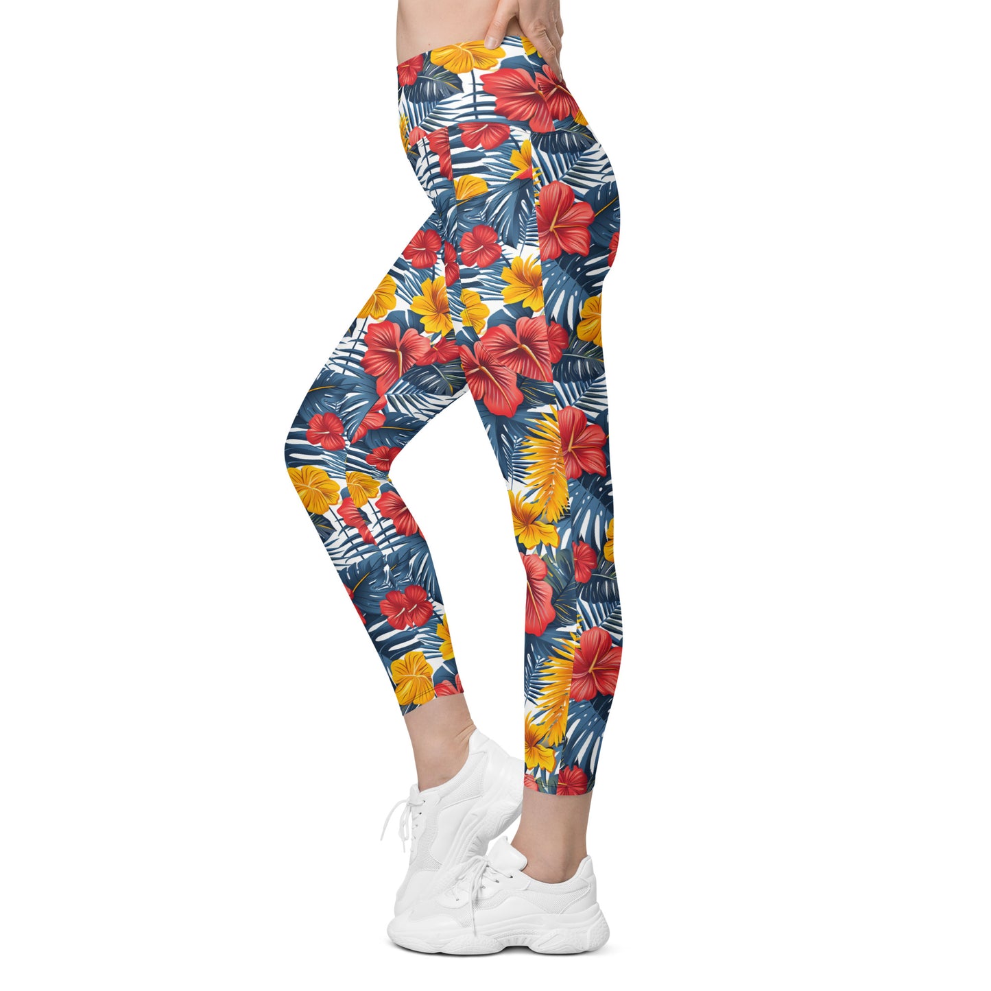 Vibrant Tropical Flowers Printed Leggings with pockets