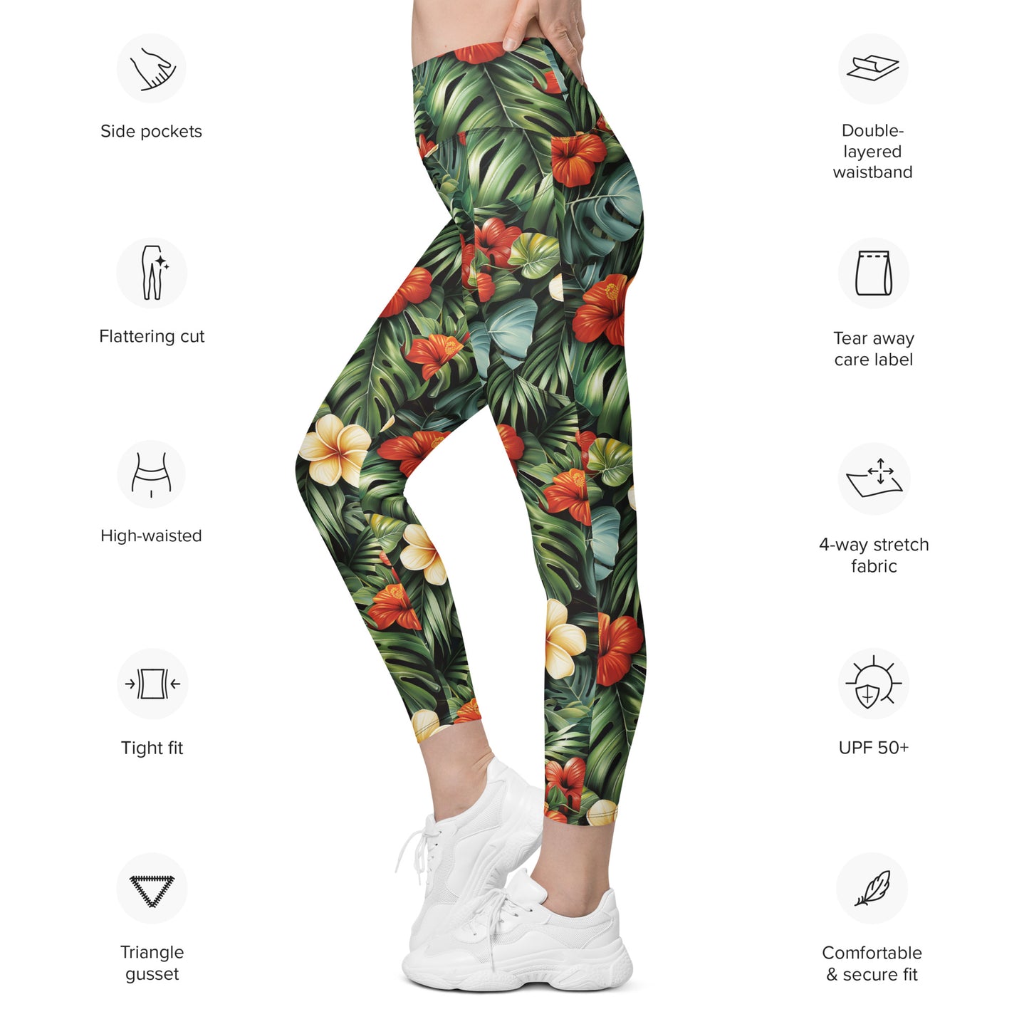 Red & Yellow Hibiscus Flowers Printed Leggings with pockets