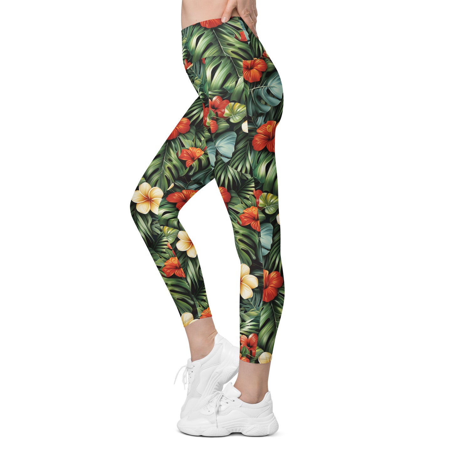 Red & Yellow Hibiscus Flowers Printed Leggings with pockets