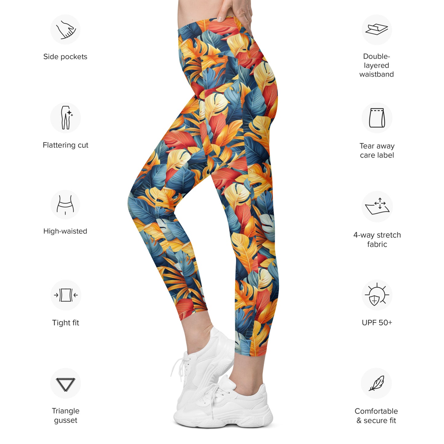 Colorful Tropical Foliage Printed Leggings with pockets