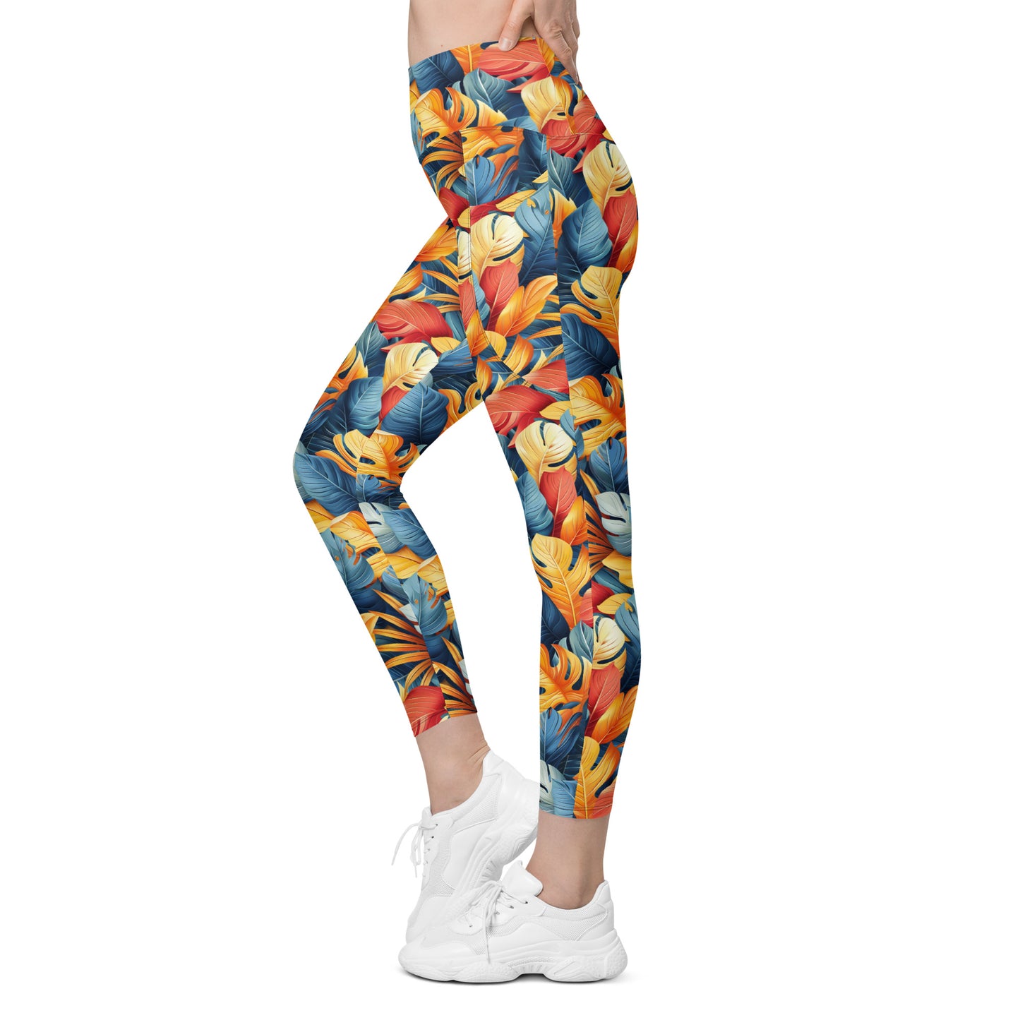 Colorful Tropical Foliage Printed Leggings with pockets