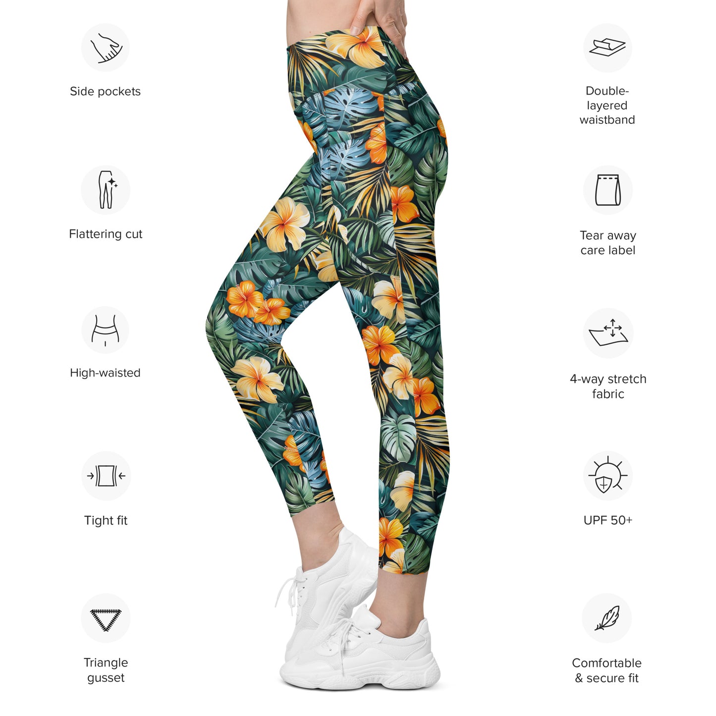 Tropical Floral Pattern Printed Leggings with pockets