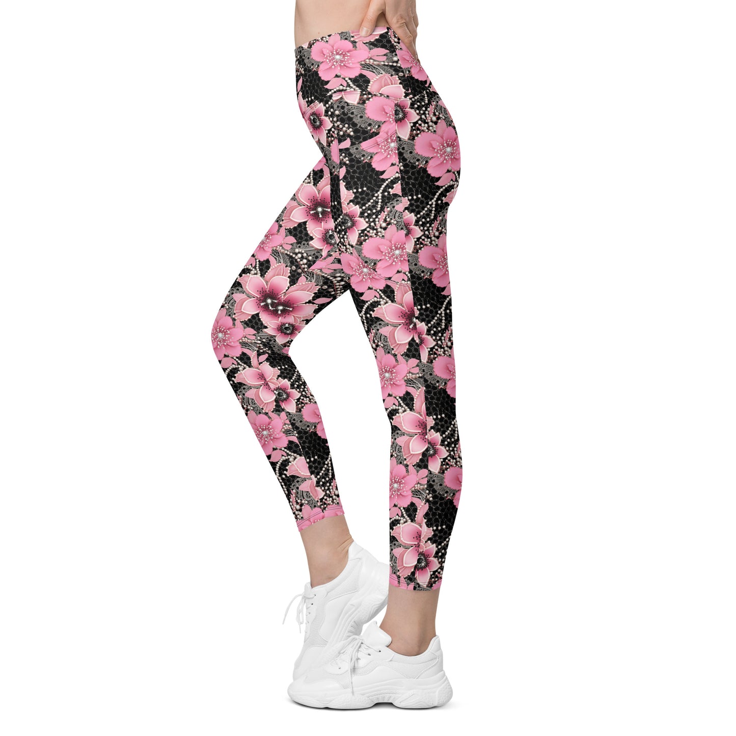 Pink Floral Pearl Printed Leggings with pockets