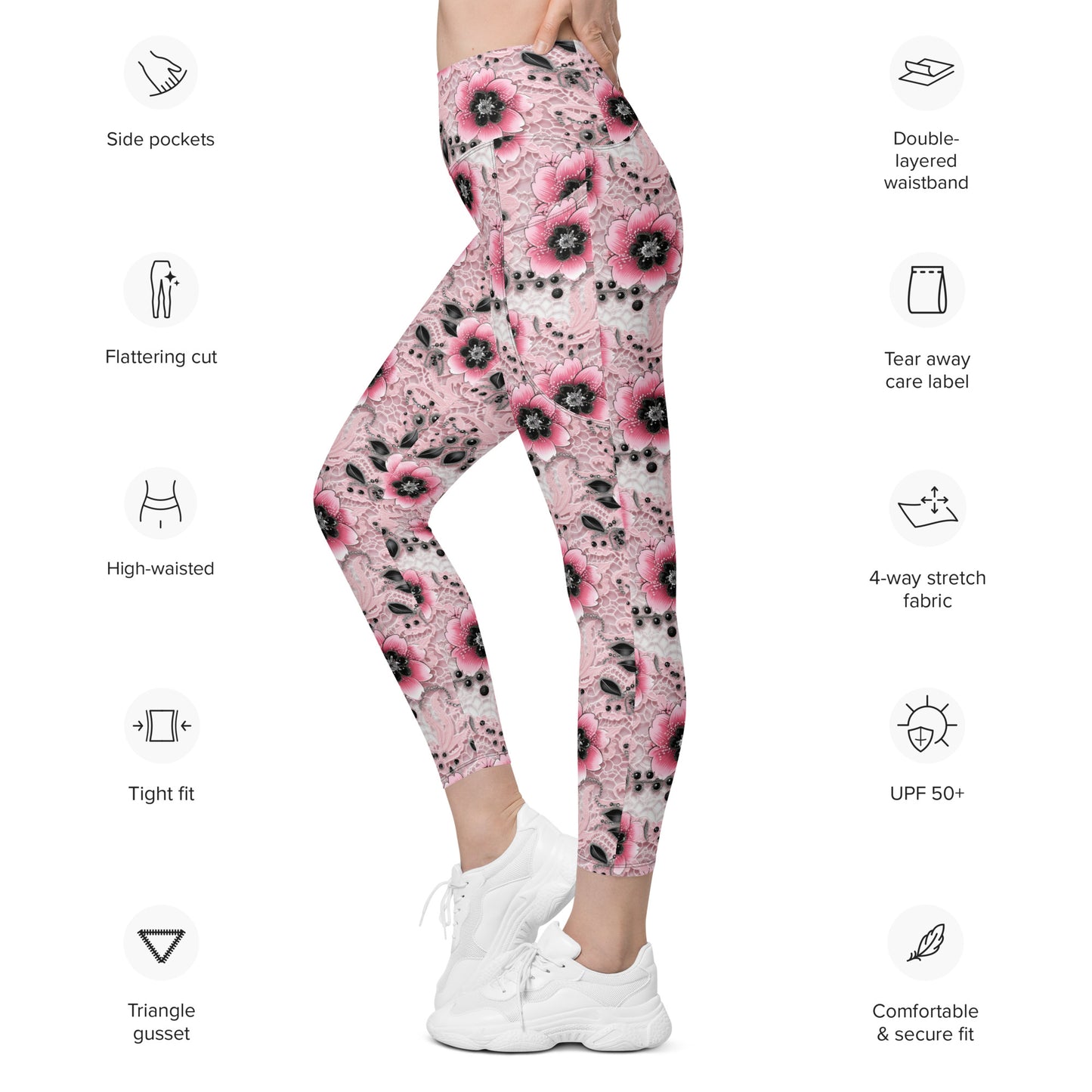 Pink & Black Floral Printed Leggings with pockets