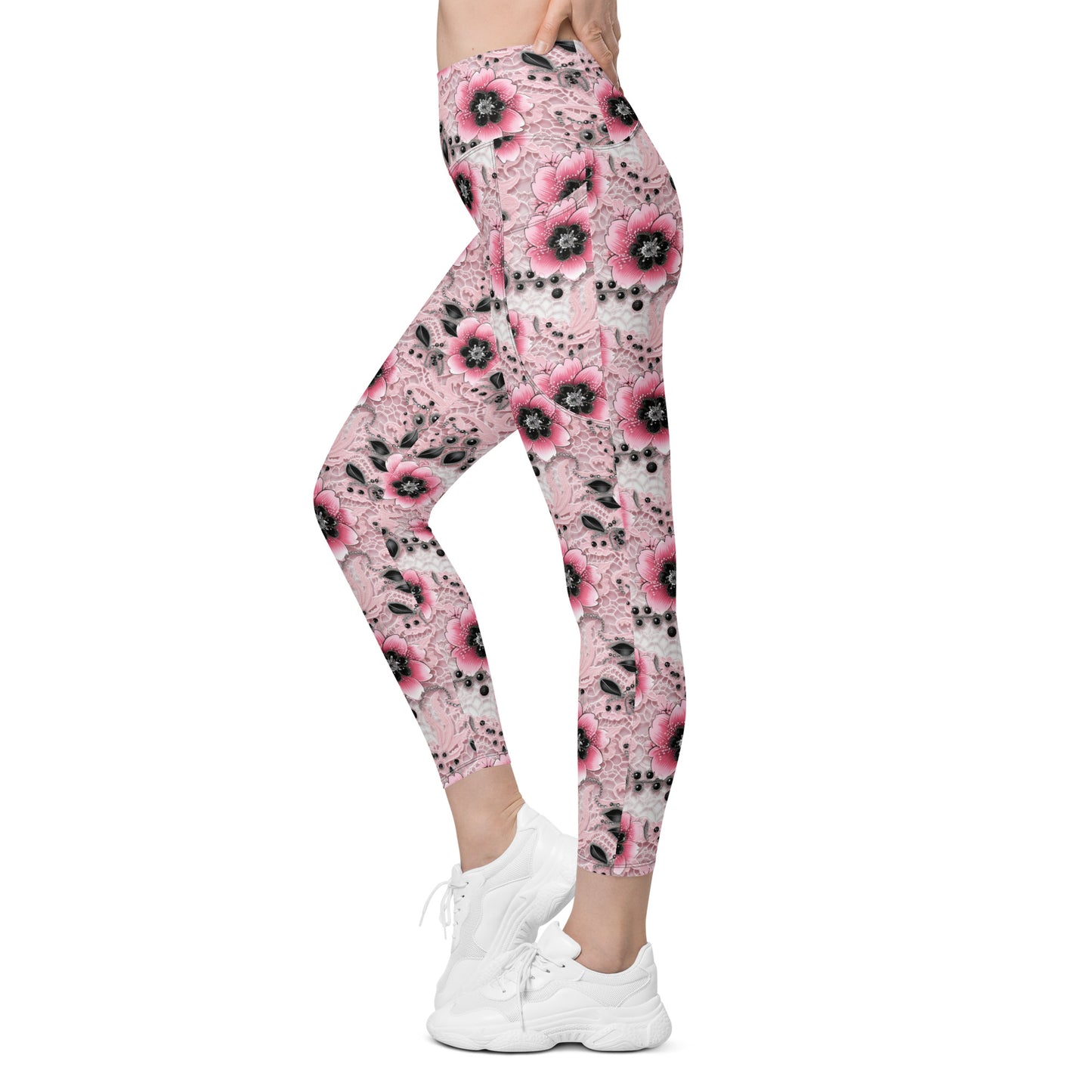 Pink & Black Floral Printed Leggings with pockets