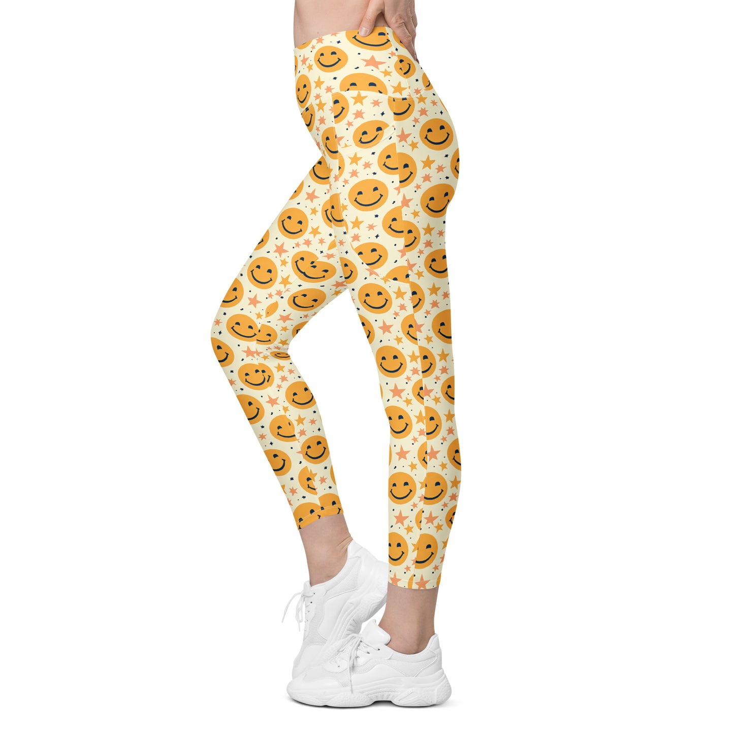 Yellow Emoji & Stars Printed Leggings with pockets