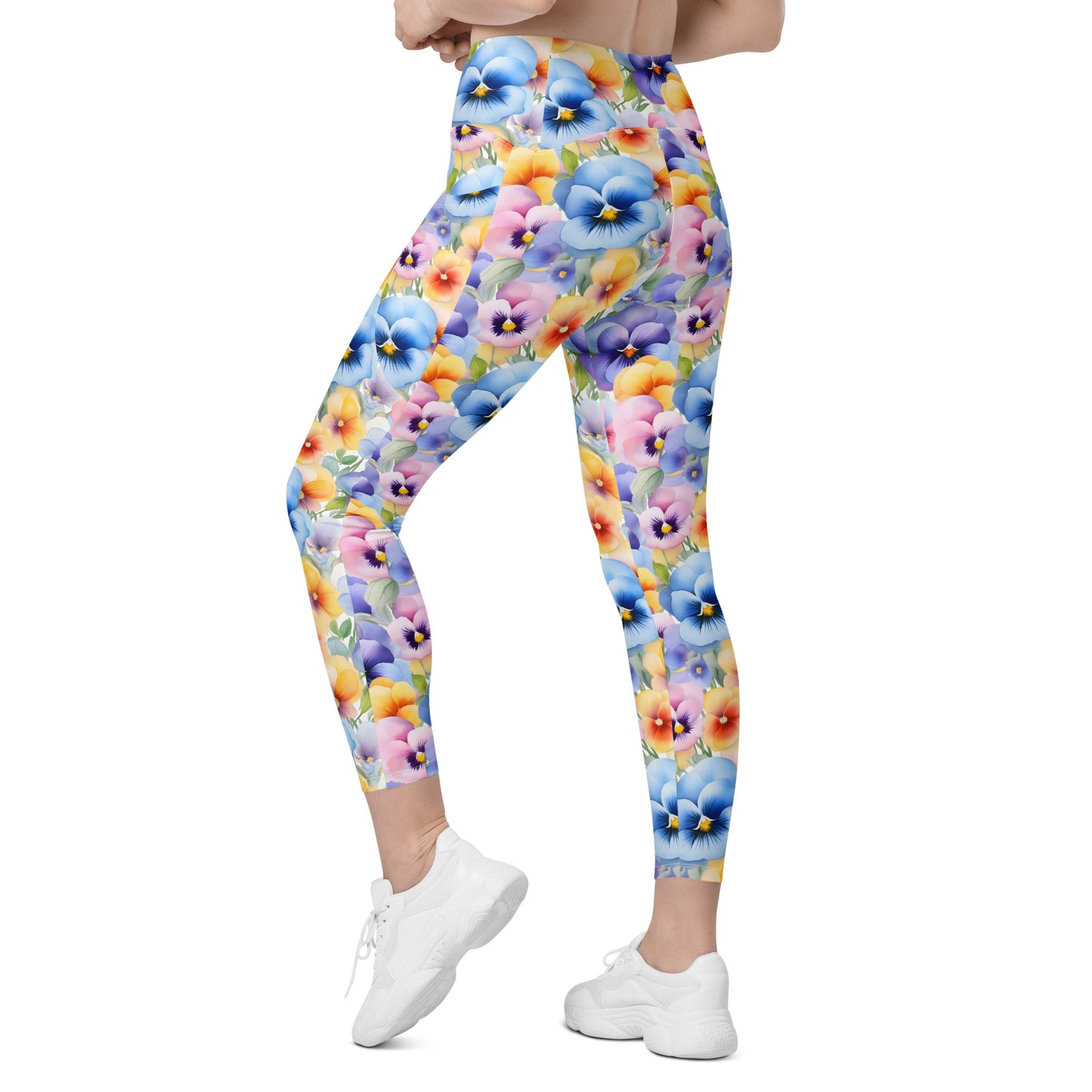 Watercolor Pansies Floral Printed Leggings with pockets