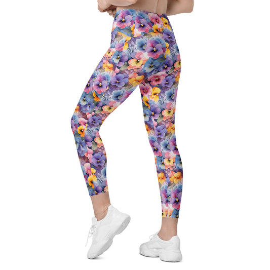 Colorful Pansies Floral Printed Leggings with pockets