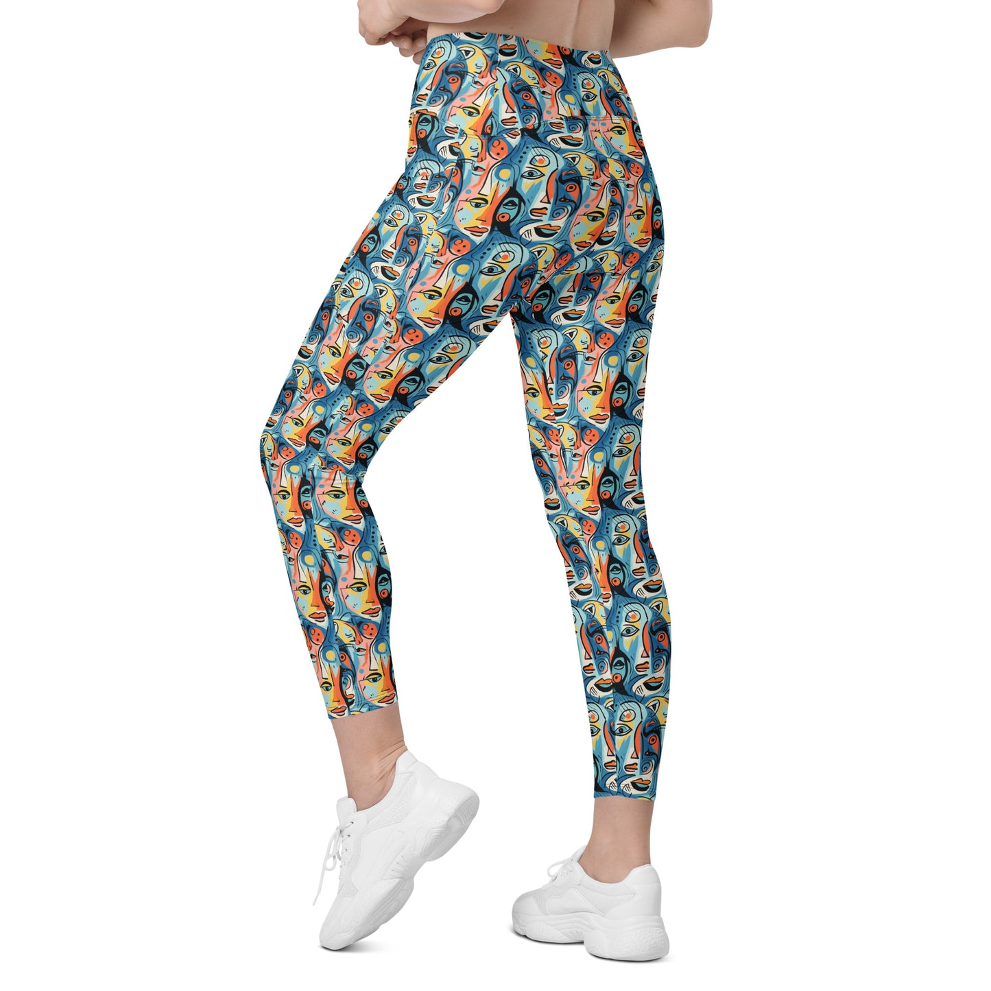 Blue & Yellow Faces Pop Art Printed Leggings with pockets