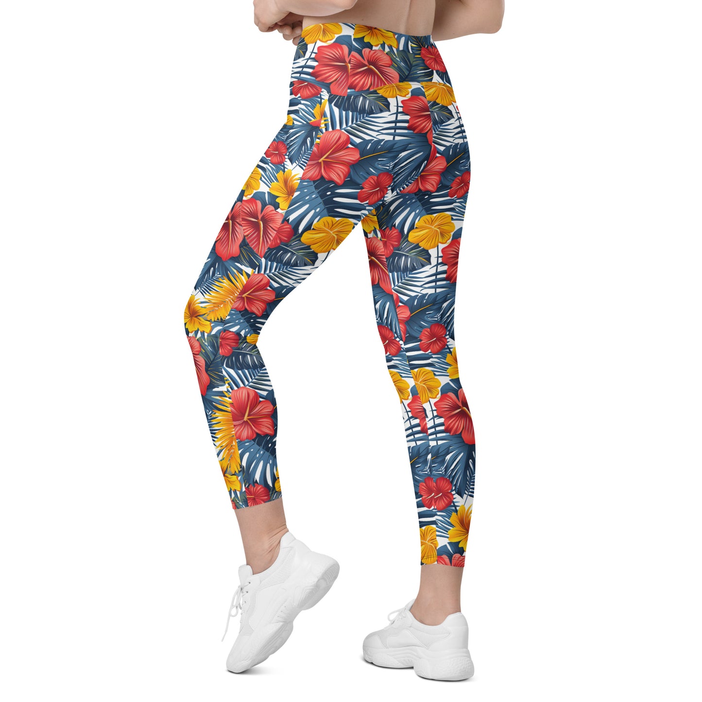 Vibrant Tropical Flowers Printed Leggings with pockets