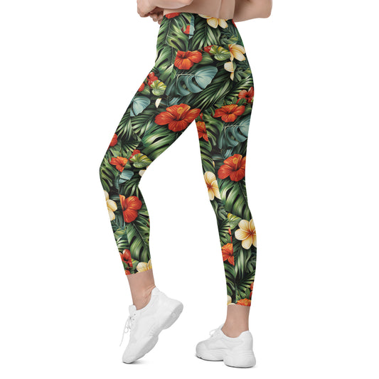 Red & Yellow Hibiscus Flowers Printed Leggings with pockets