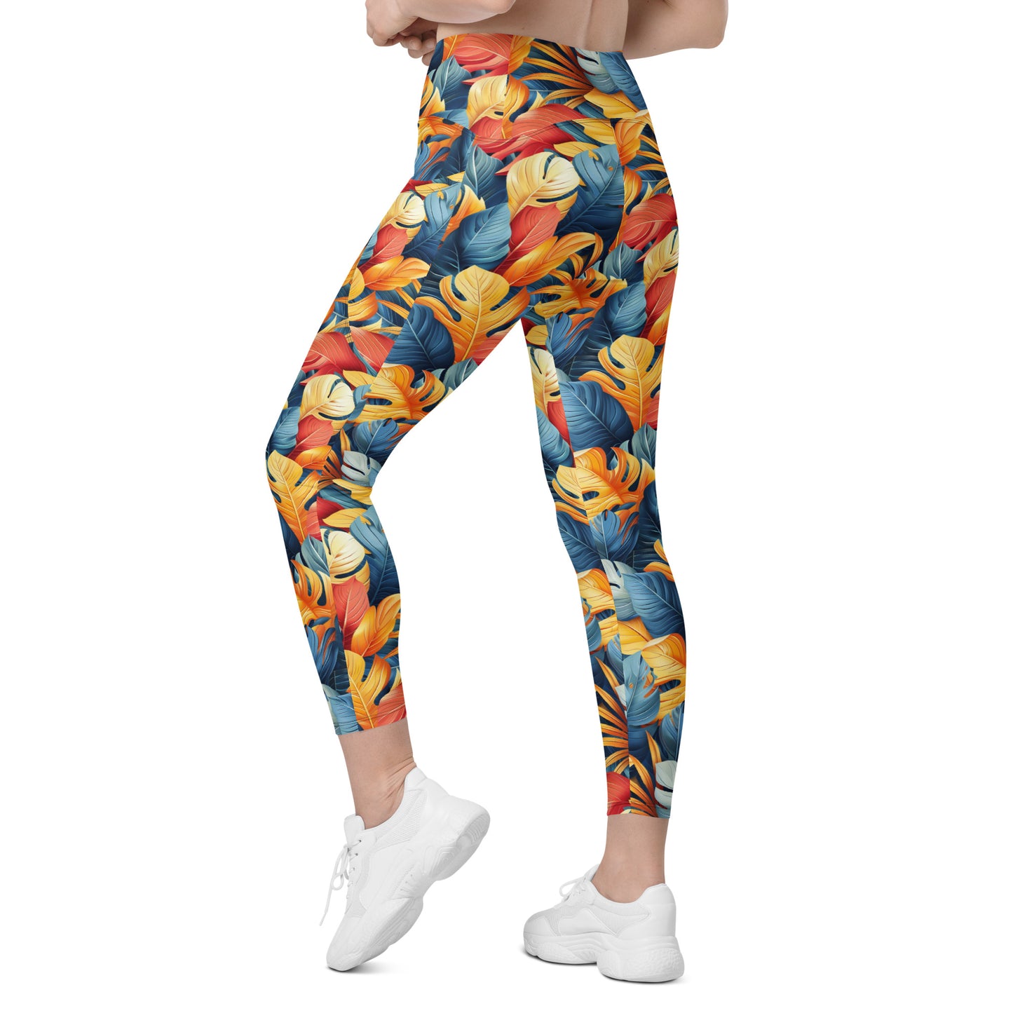 Colorful Tropical Foliage Printed Leggings with pockets