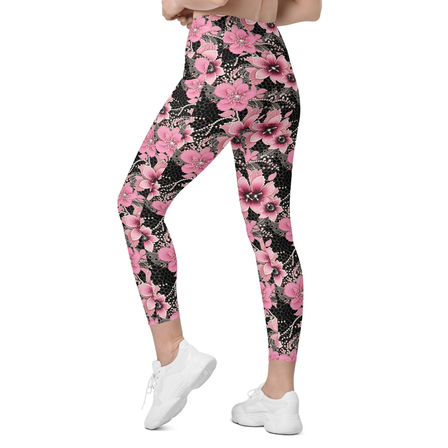 Pink Floral Pearl Printed Leggings with pockets