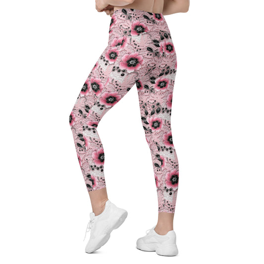 Pink & Black Floral Printed Leggings with pockets