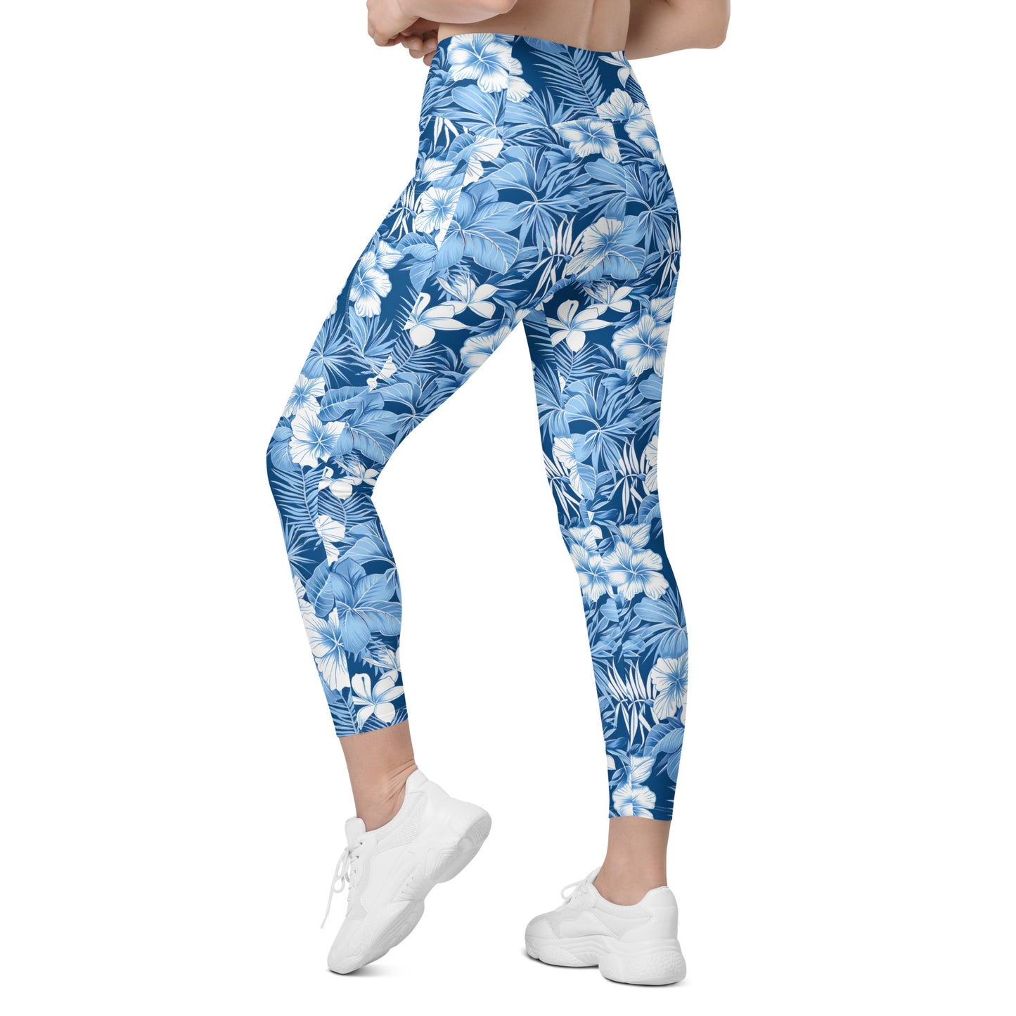 Shades of Blue Hibiscus Floral Printed Leggings with pockets