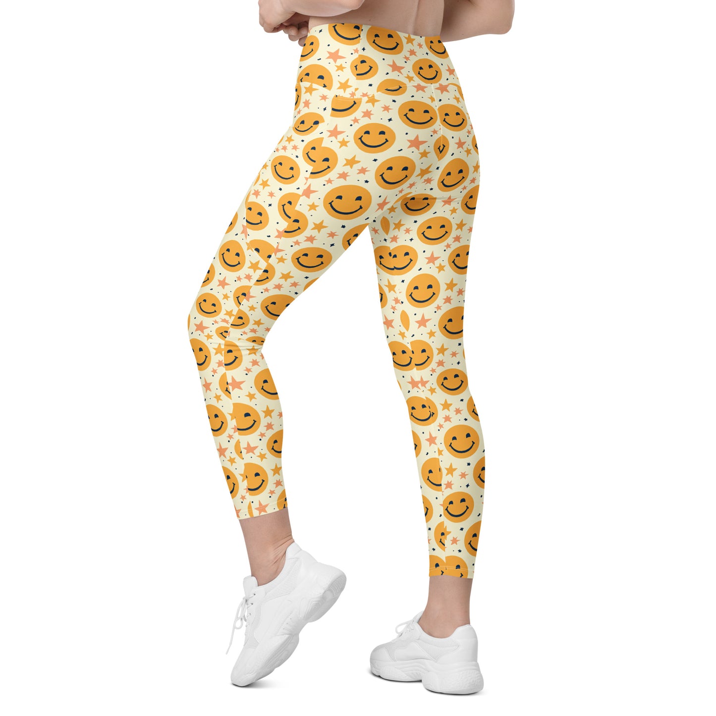 Yellow Emoji & Stars Printed Leggings with pockets