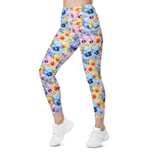 Watercolor Pansies Floral Printed Leggings with pockets