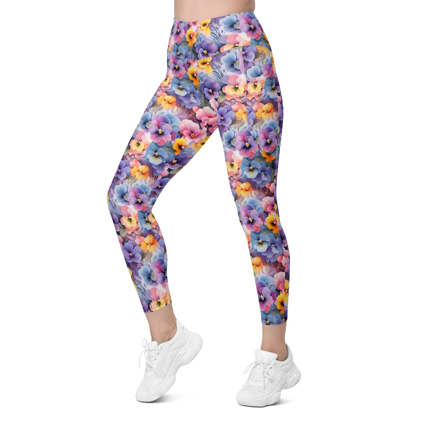 Colorful Pansies Floral Printed Leggings with pockets