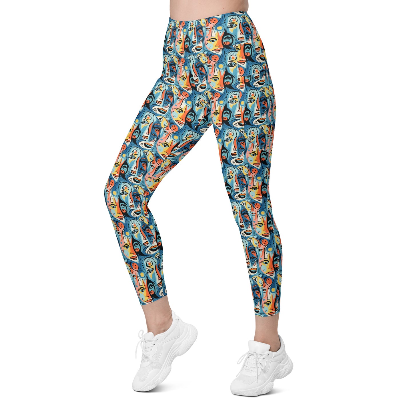 Blue & Yellow Faces Pop Art Printed Leggings with pockets