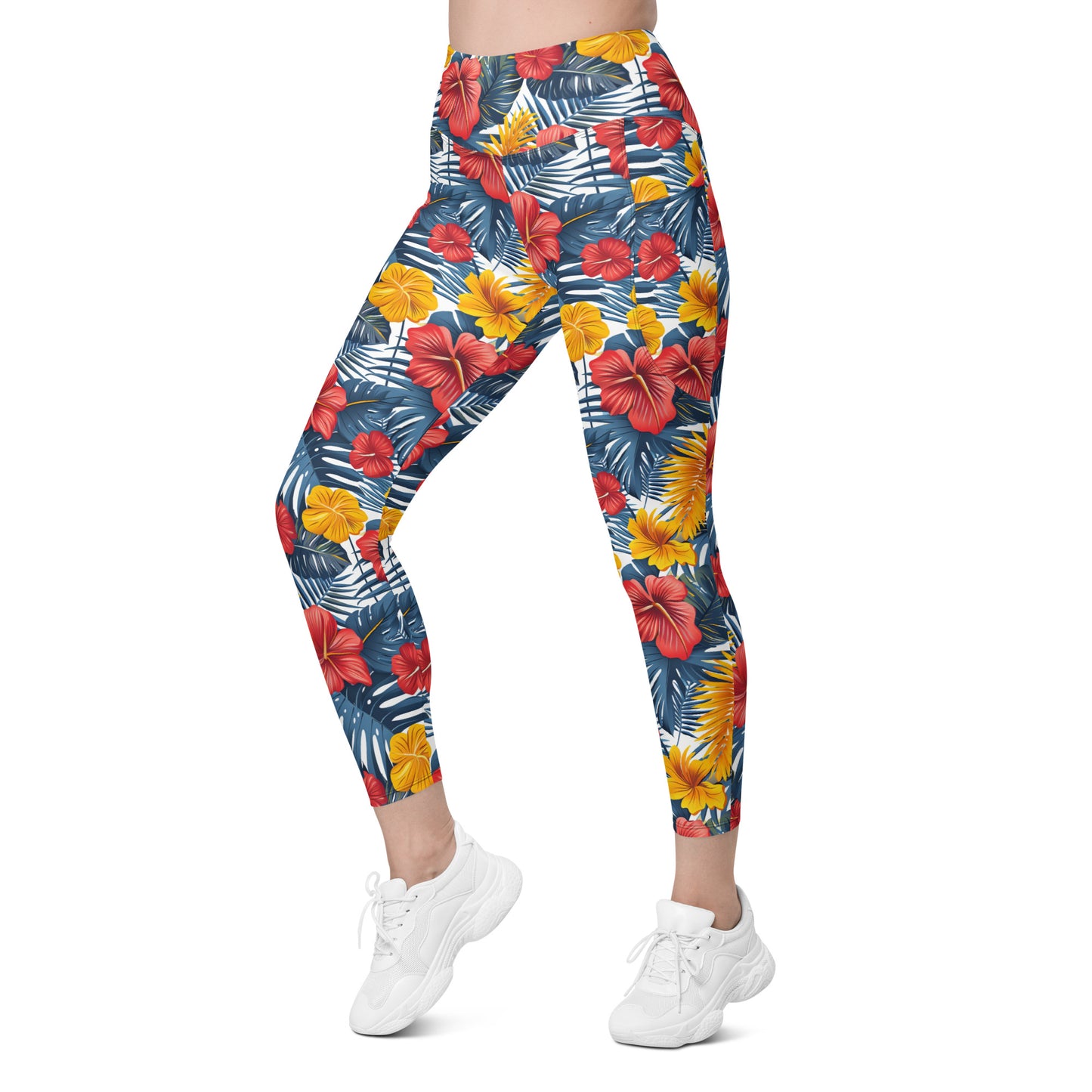 Vibrant Tropical Flowers Printed Leggings with pockets