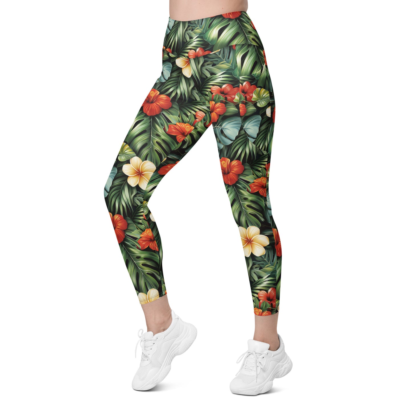 Red & Yellow Hibiscus Flowers Printed Leggings with pockets