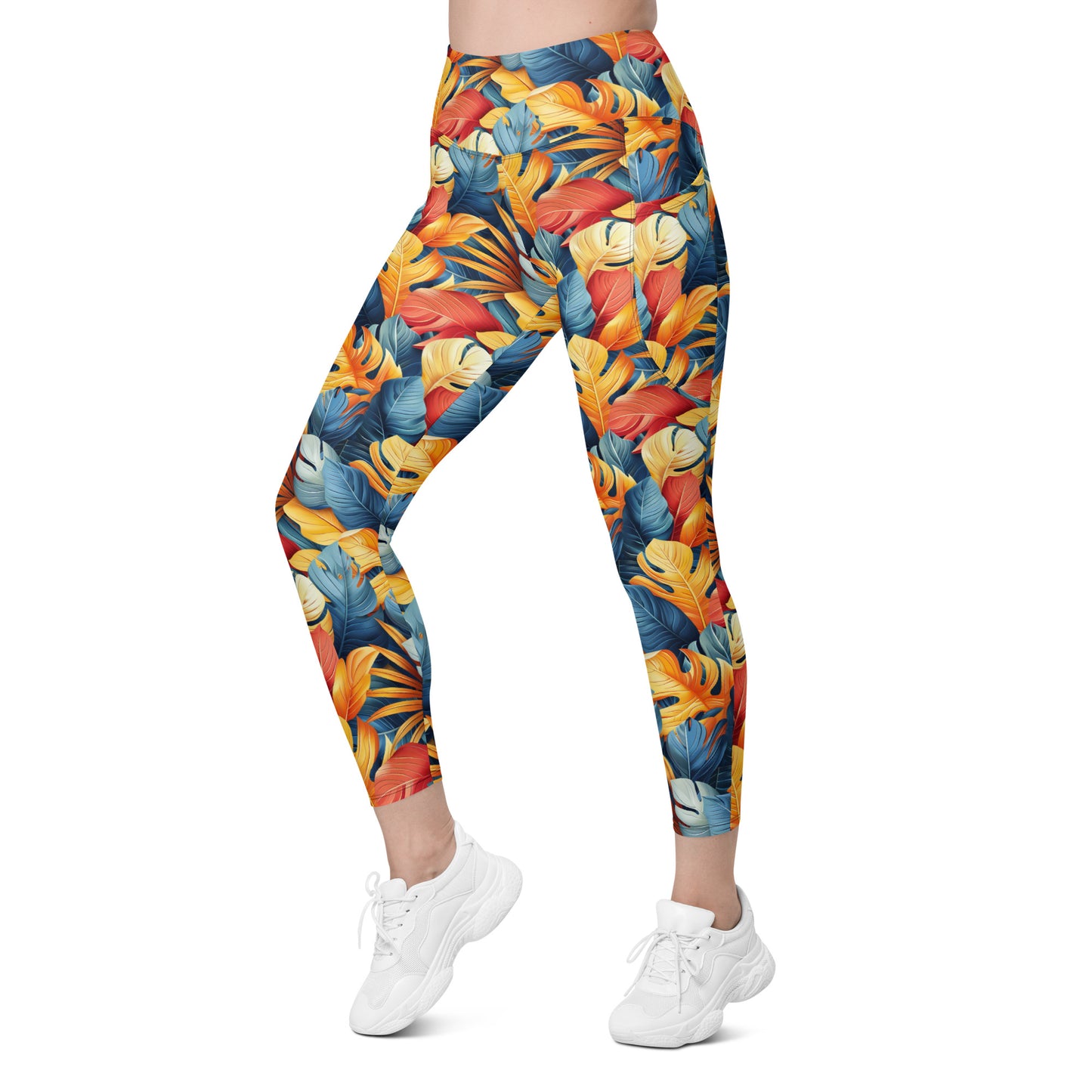 Colorful Tropical Foliage Printed Leggings with pockets