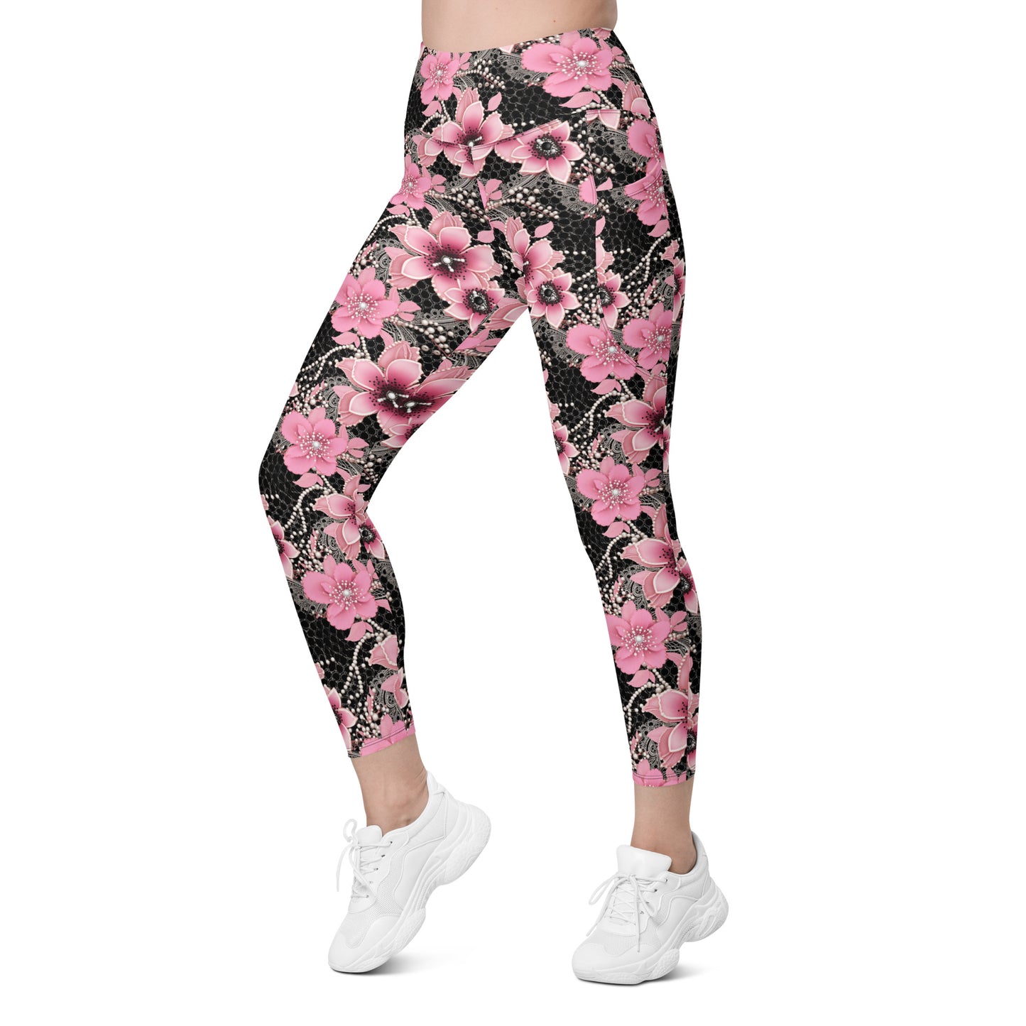 Pink Floral Pearl Printed Leggings with pockets