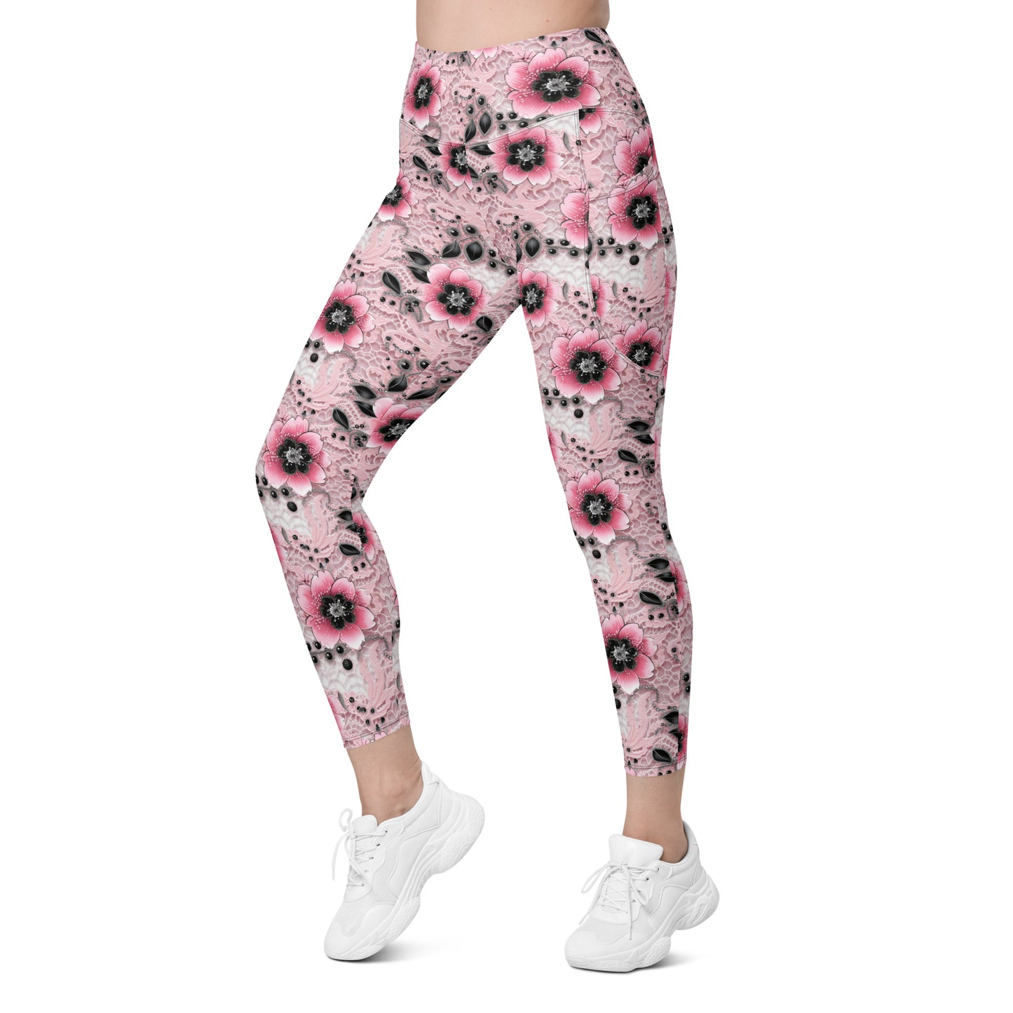 Pink & Black Floral Printed Leggings with pockets