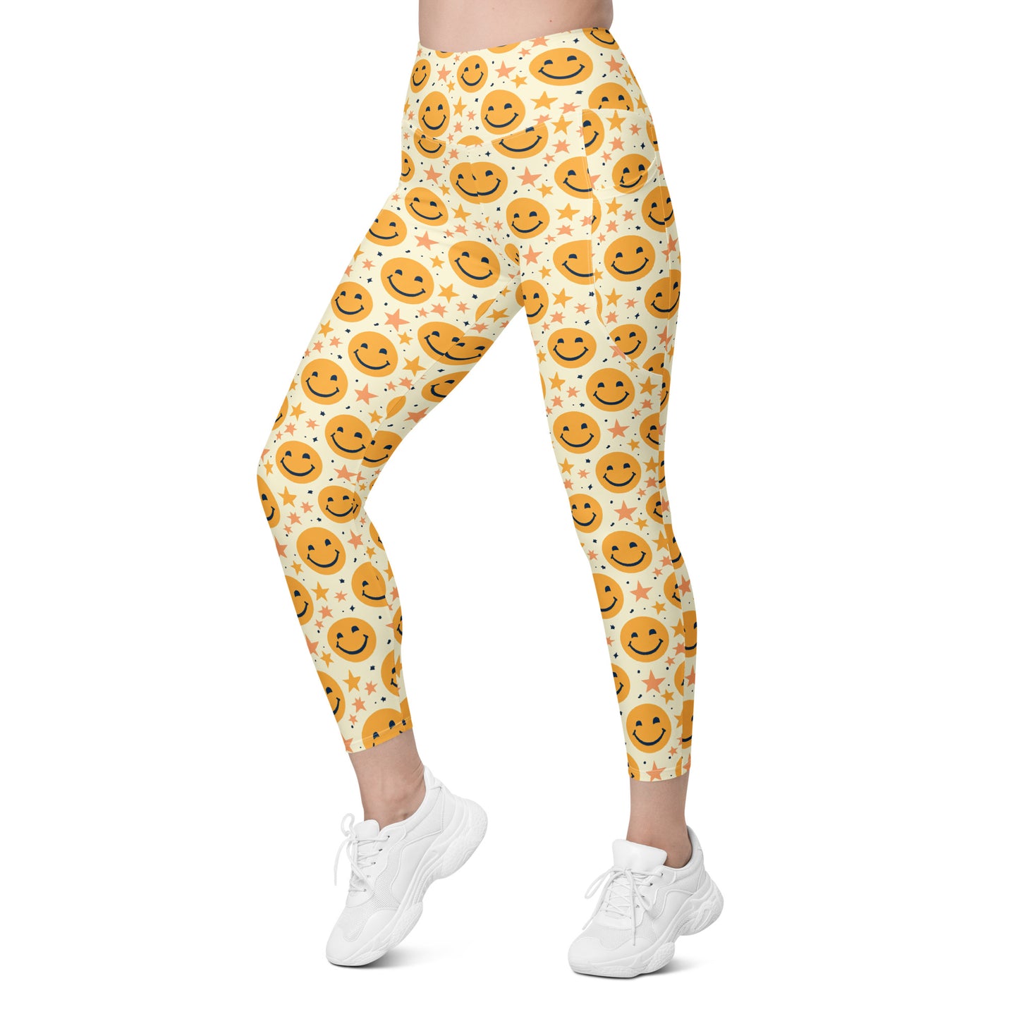 Yellow Emoji & Stars Printed Leggings with pockets