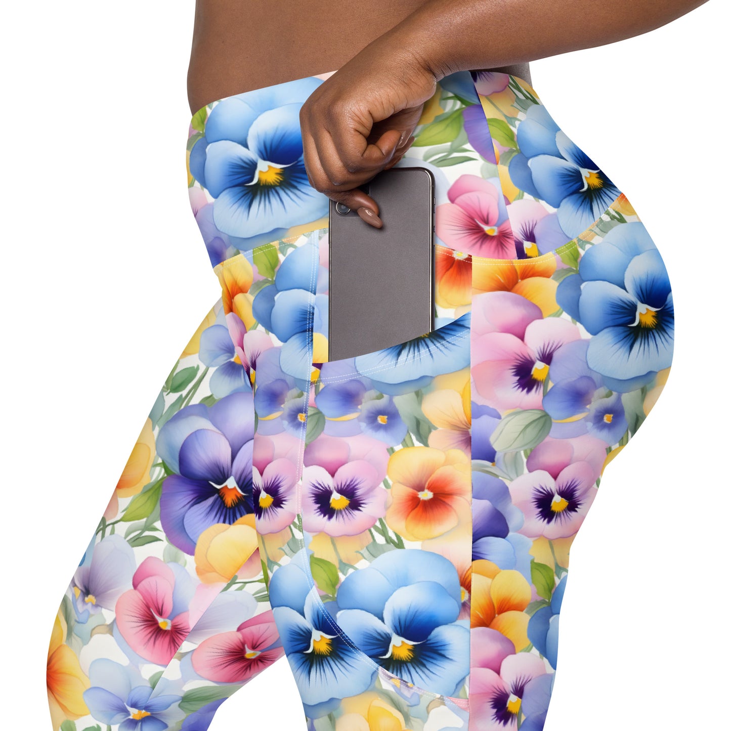 Watercolor Pansies Floral Printed Leggings with pockets