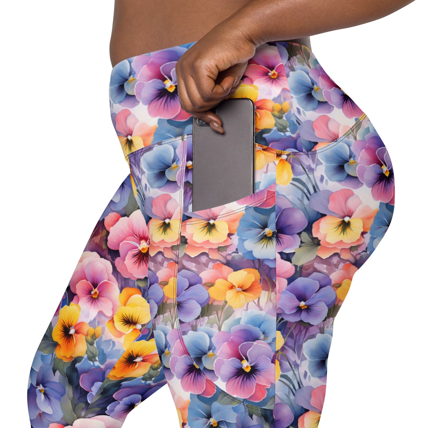 Colorful Pansies Floral Printed Leggings with pockets