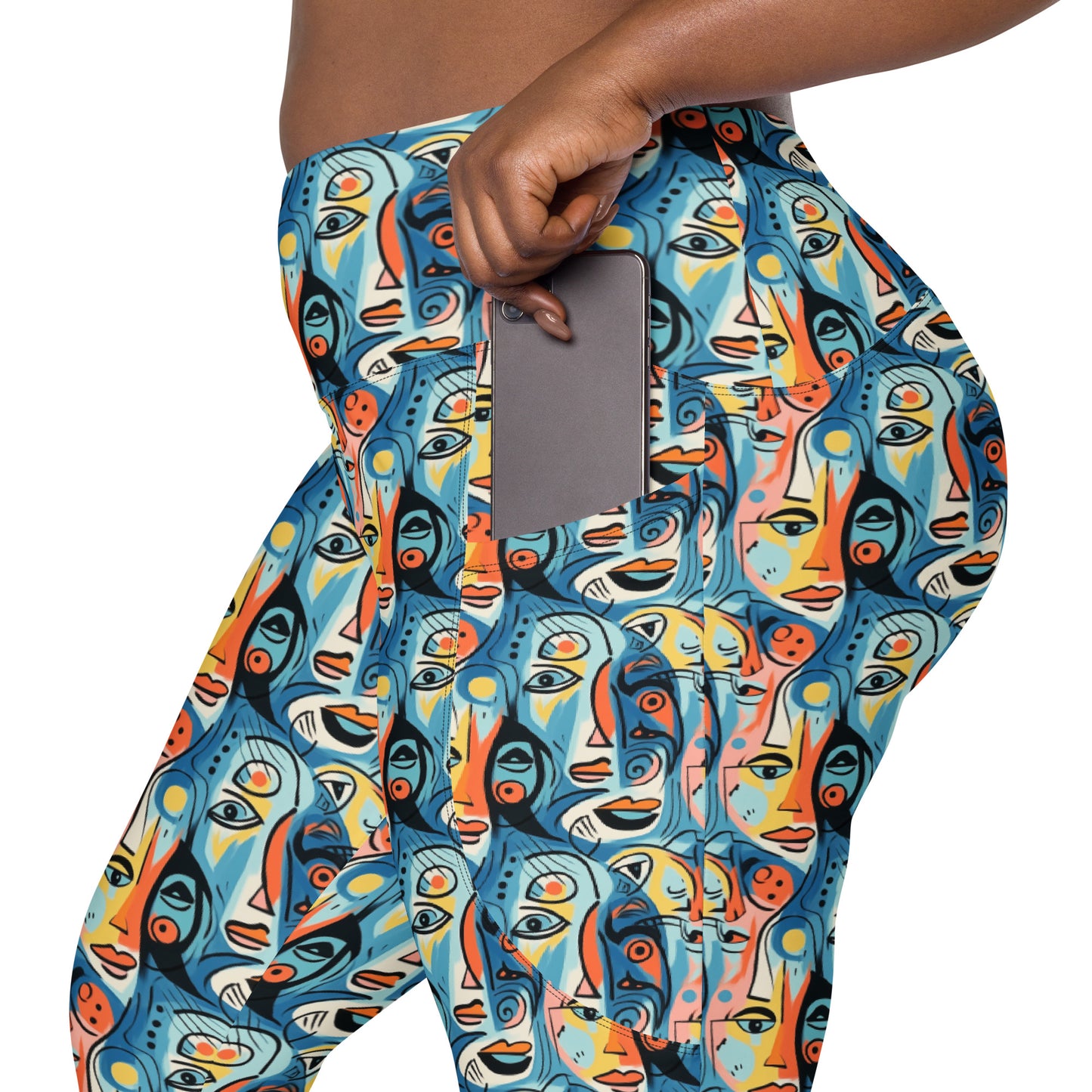 Blue & Yellow Faces Pop Art Printed Leggings with pockets