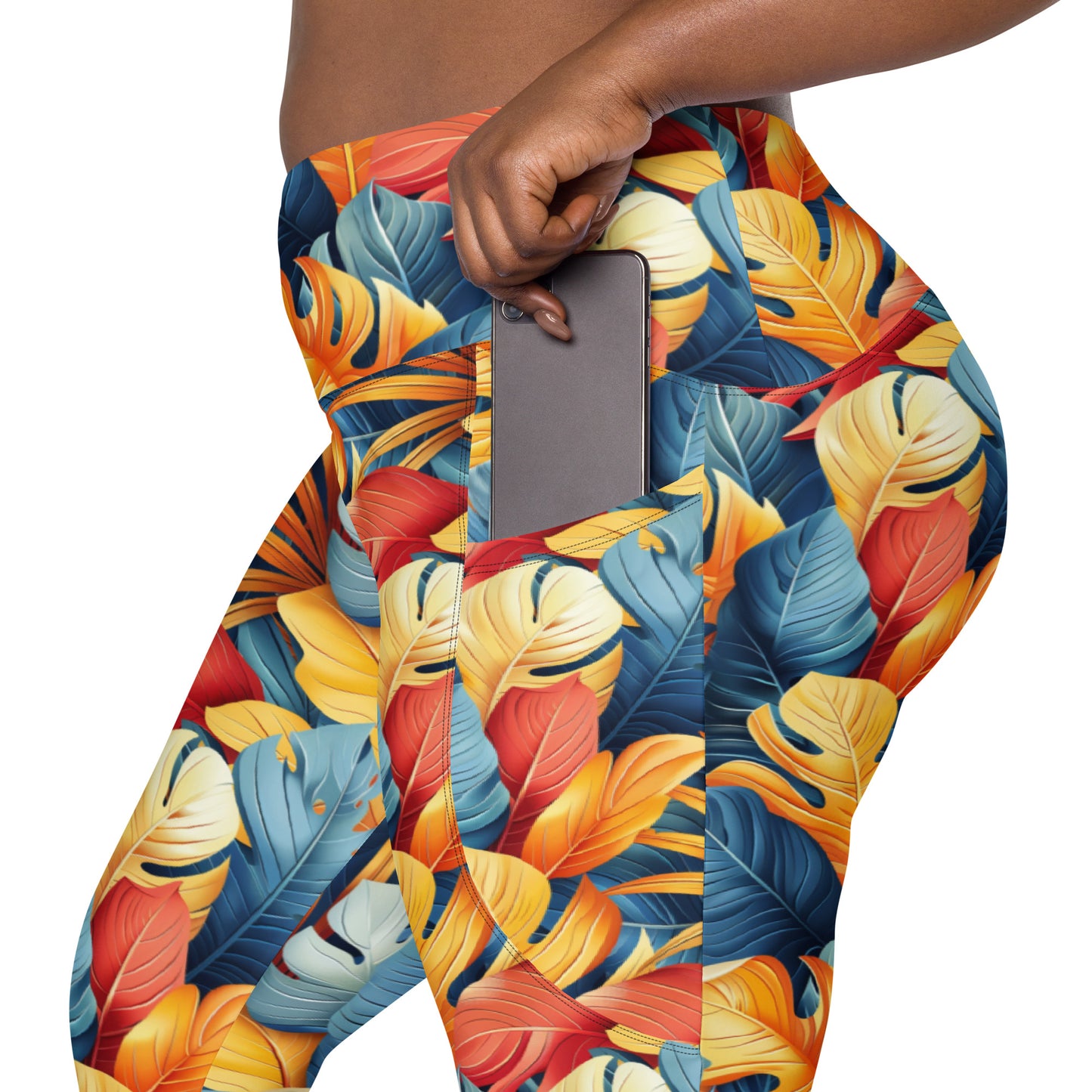 Colorful Tropical Foliage Printed Leggings with pockets