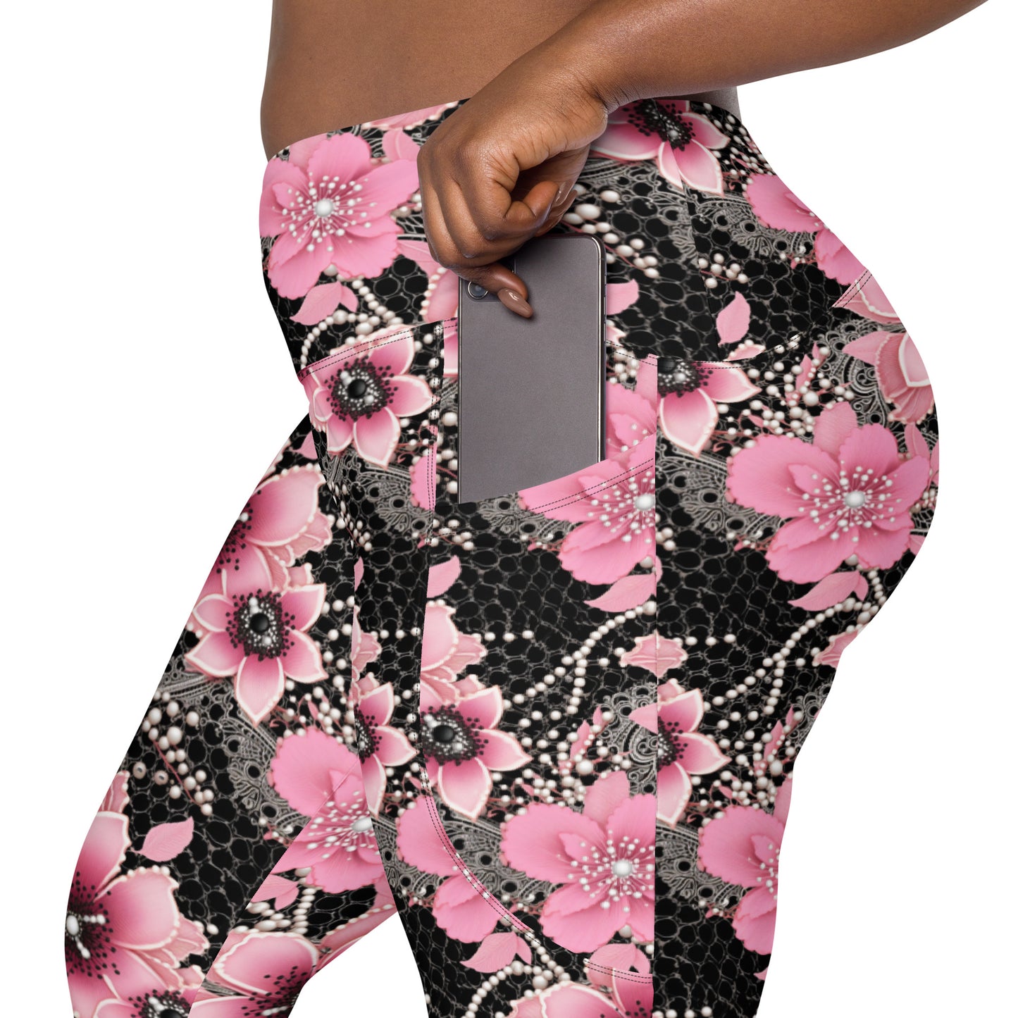 Pink Floral Pearl Printed Leggings with pockets