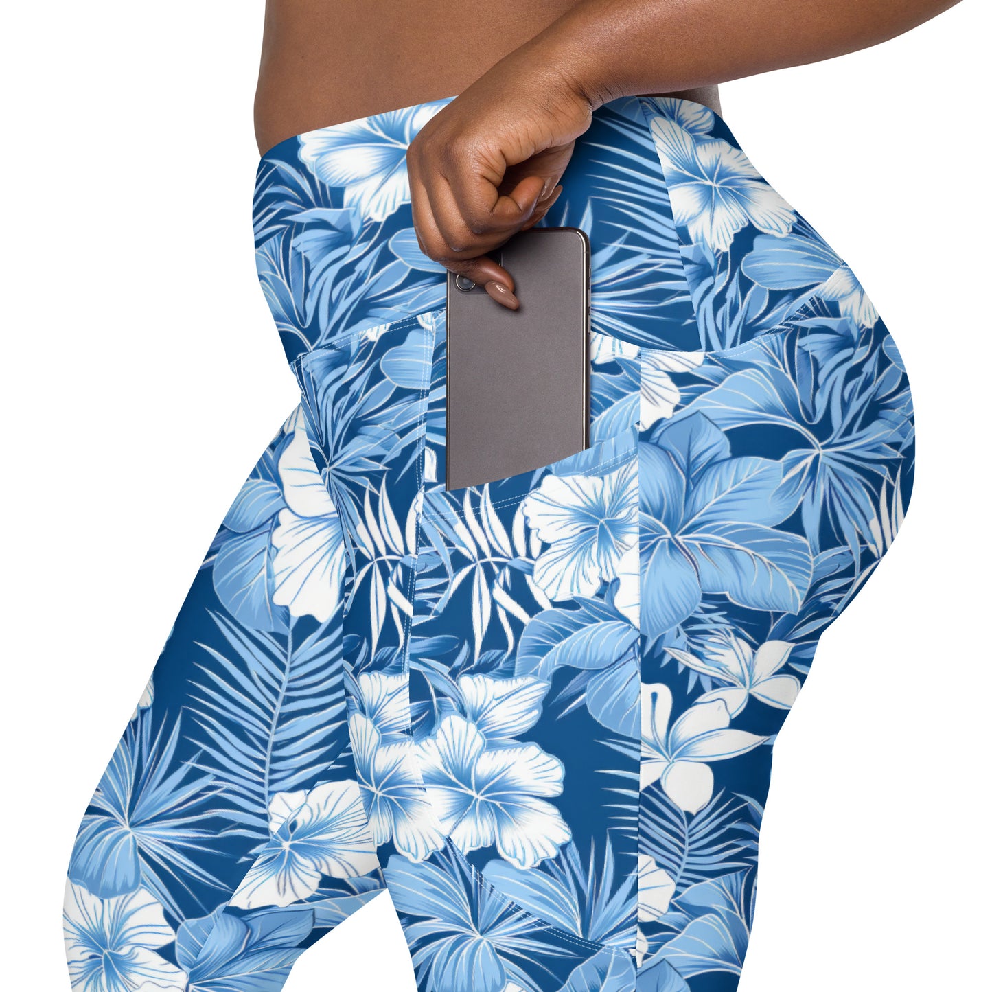 Shades of Blue Hibiscus Floral Printed Leggings with pockets