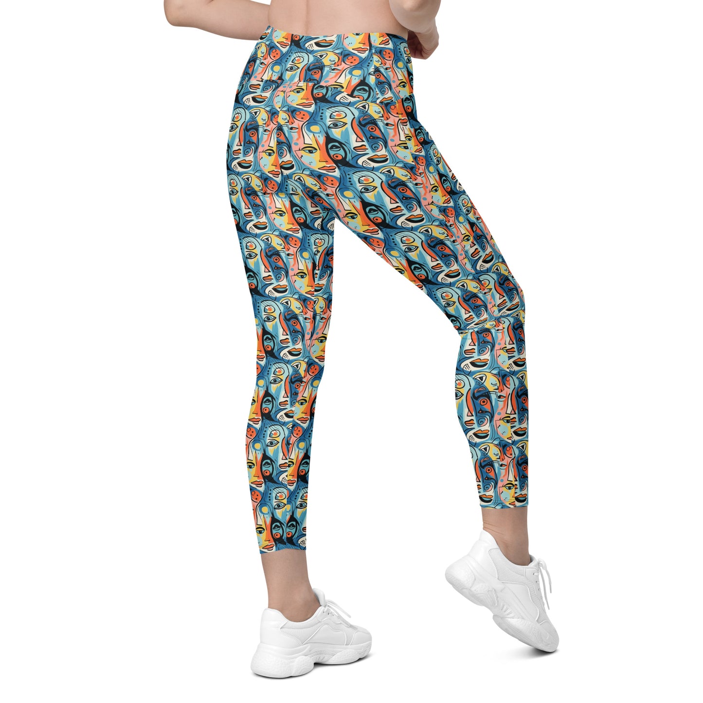 Blue & Yellow Faces Pop Art Printed Leggings with pockets