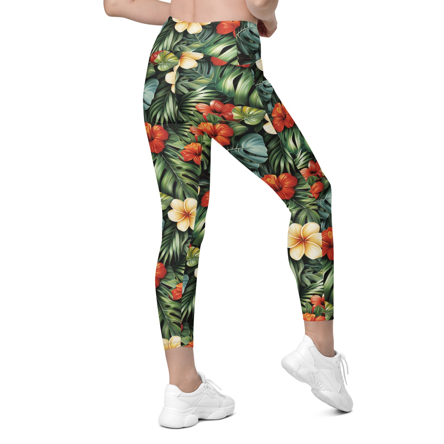 Red & Yellow Hibiscus Flowers Printed Leggings with pockets