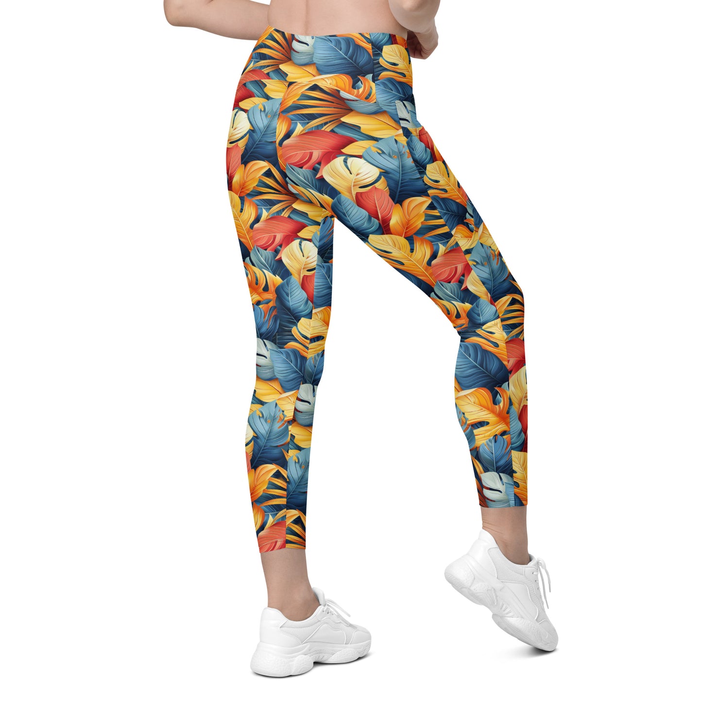 Colorful Tropical Foliage Printed Leggings with pockets