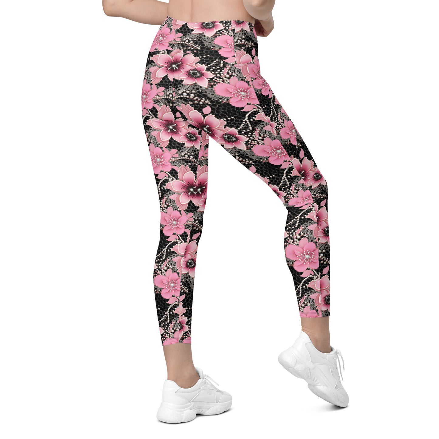 Pink Floral Pearl Printed Leggings with pockets