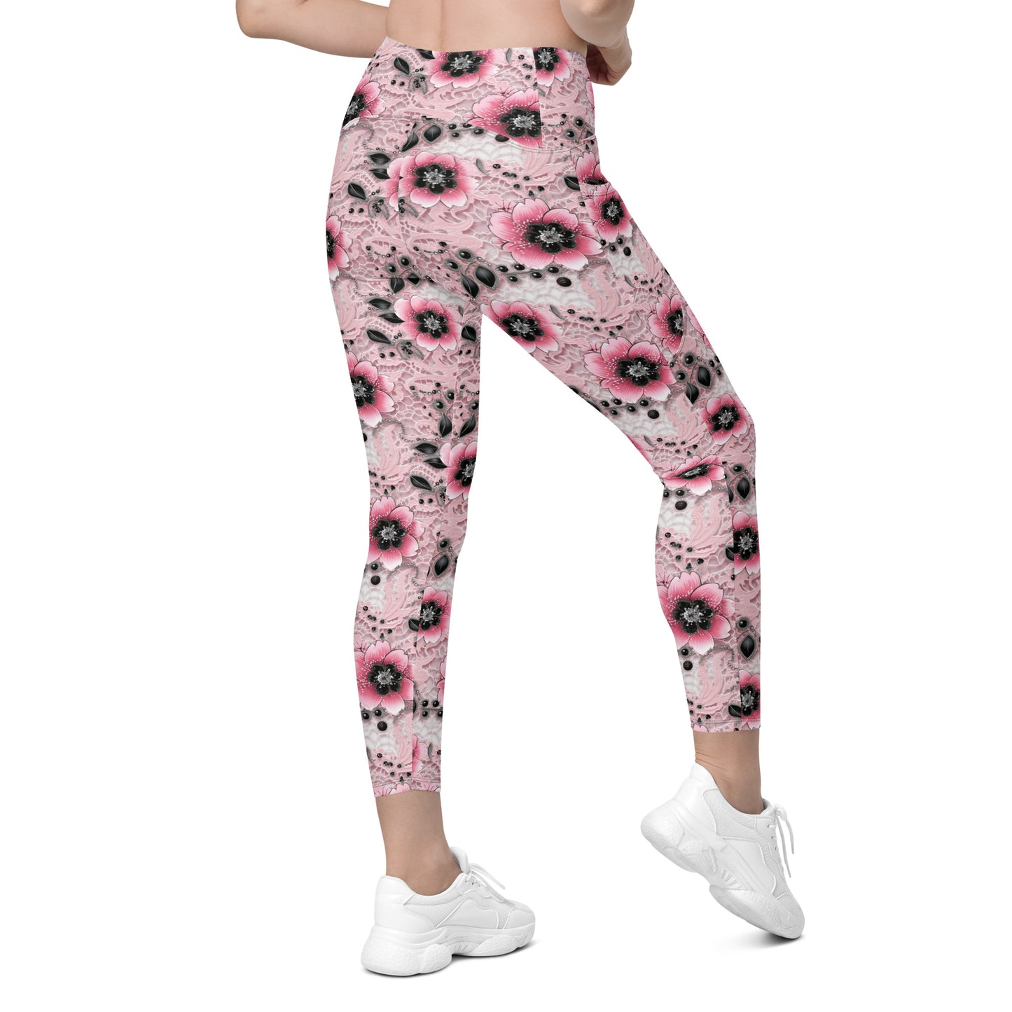 Pink & Black Floral Printed Leggings with pockets