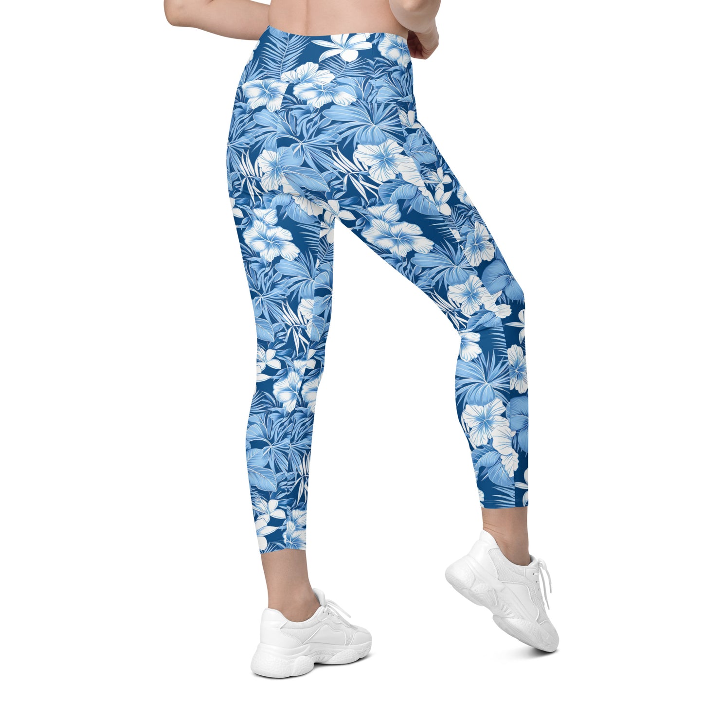 Shades of Blue Hibiscus Floral Printed Leggings with pockets