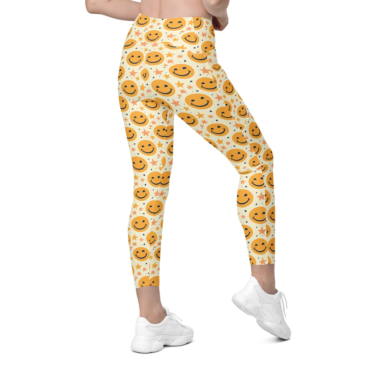 Yellow Emoji & Stars Printed Leggings with pockets