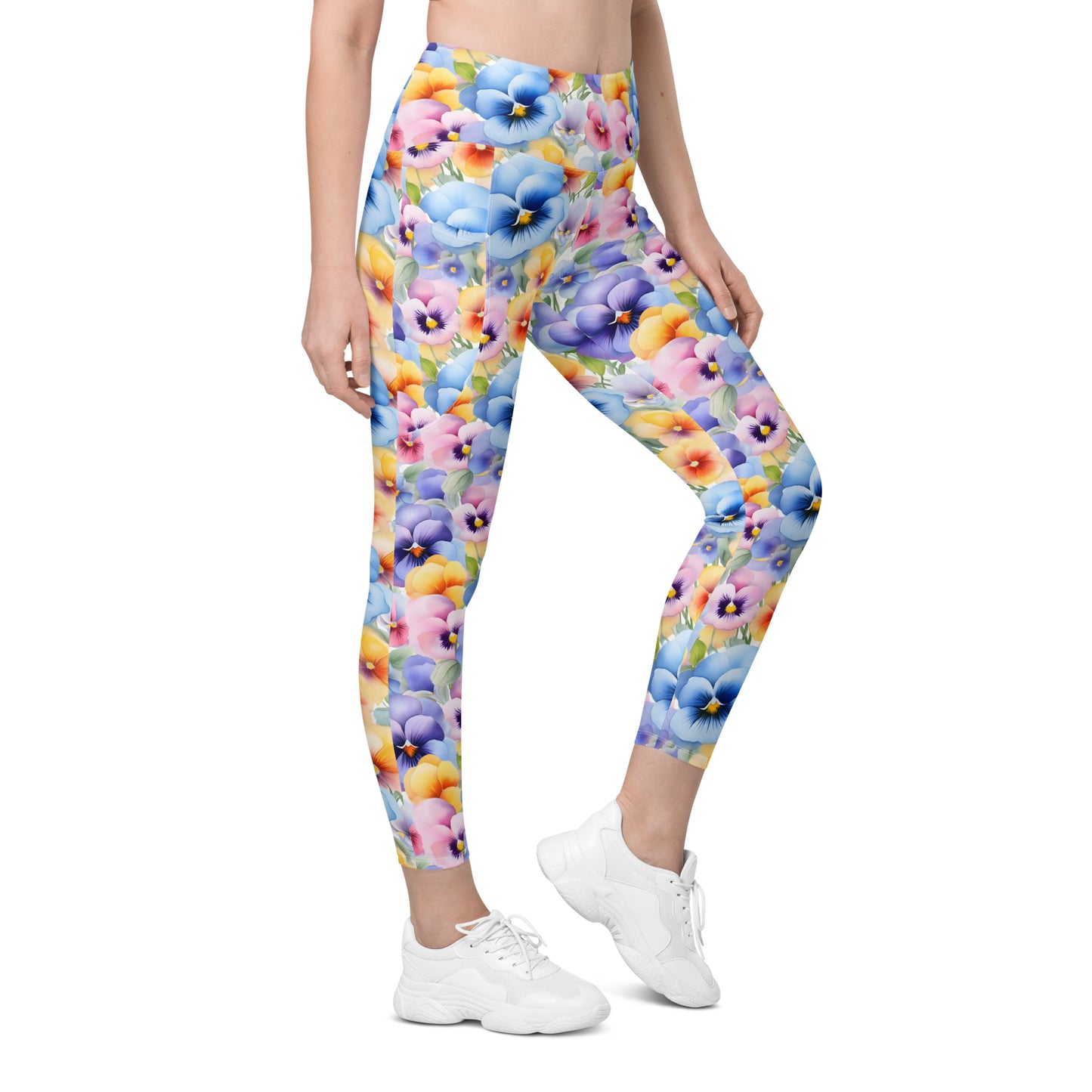 Watercolor Pansies Floral Printed Leggings with pockets