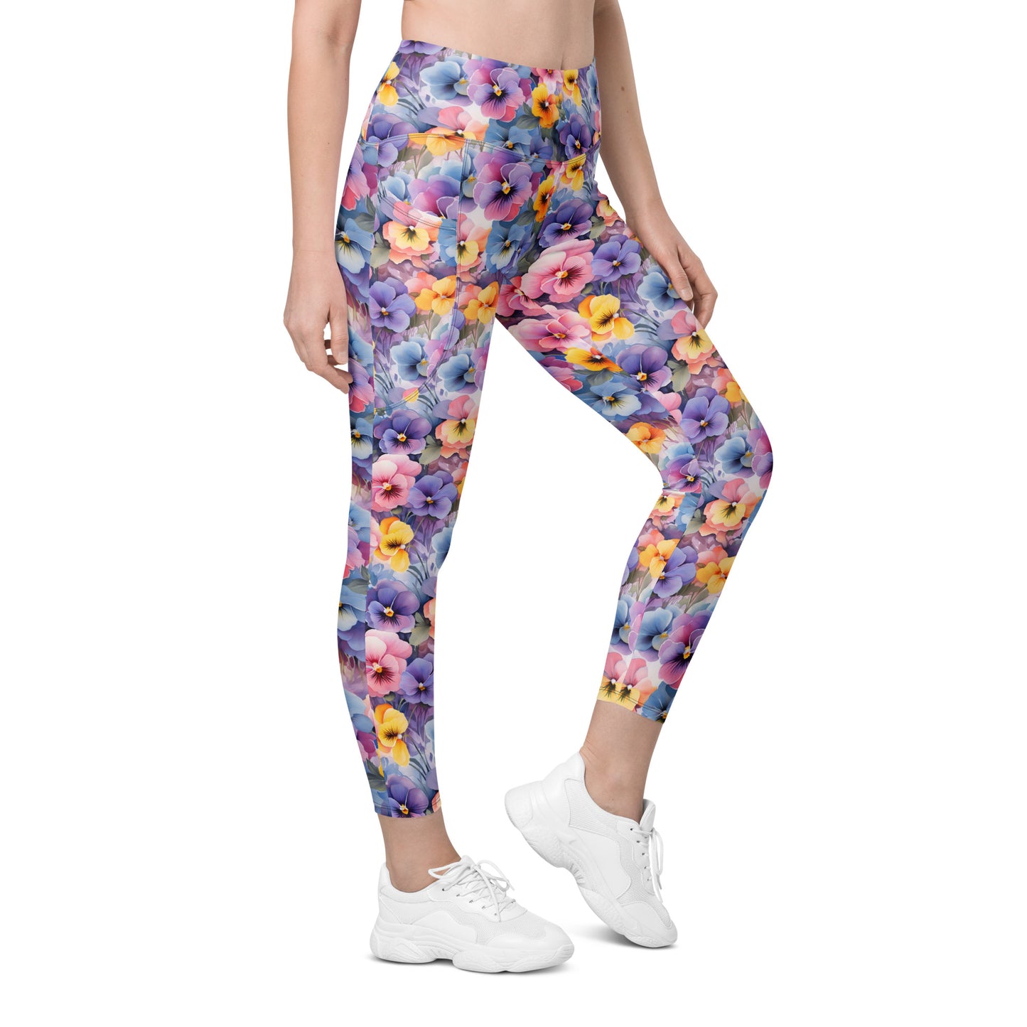 Colorful Pansies Floral Printed Leggings with pockets