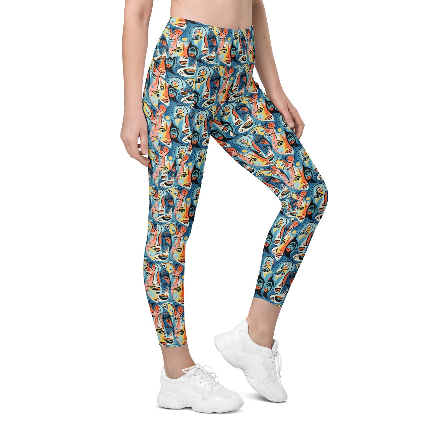 Blue & Yellow Faces Pop Art Printed Leggings with pockets