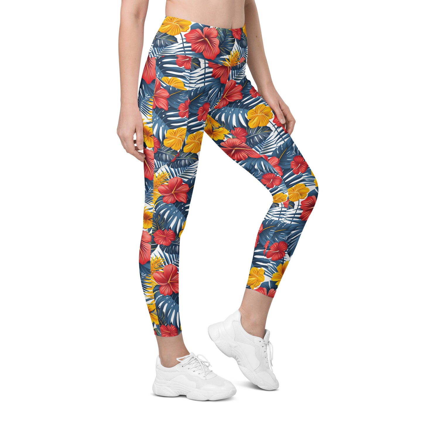 Vibrant Tropical Flowers Printed Leggings with pockets